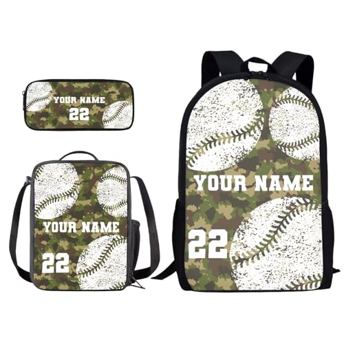 Xoenoiee CUSTOM Kids Backpack Set for Boys Girls School Bookbag Lunch Bag Pencil Bag 3 in 1 Set CUSTOMIZE Your Name and Number with Green Camo Baseball Pattern