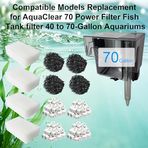 Image of 4 Set Three-Stage Filtration Maintenance Kit, Replacement for AquaClear 70 Power Filter - Bio Foam, Activated Carbon & Ceramic Rings for 40-to-70-Gallon Aquariums