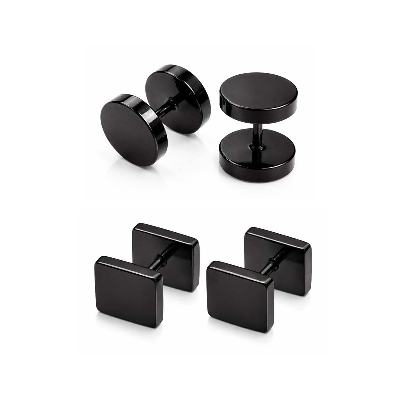 pundriksh Combo of (2 Pair) Unisex Fancy & Stylish Stainless Steel Glossy Finish Elegant Black Round & Square Dumbbell/Barbell Stud Ear Piercing Earrings for Men & Women-picture-19