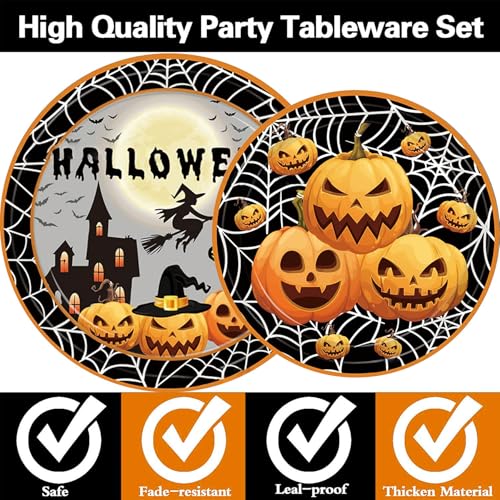 50 Stück Halloween Partygeschirr Set,Halloween Geschirr,Gruseliges Geschirrset,Kürbis Papier Teller mit Pappteller Becher Servietten,für halloween Party Dekoration Partyzubehör für 10 Gäste