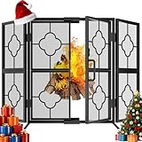 Amagabeli 3 Panel Pewter Wrought Iron Fireplace Screen Outdoor Metal Decorative Mesh Cover Solid Baby Safe Proof Fire Place Fence Leaf Design Steel Spark Guard for Fireplace Panels Accessories