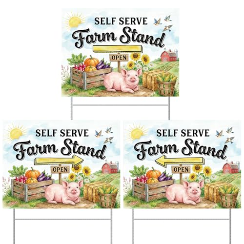 Rngmsi 3PCS Self Serve Farm Stand Sign 16 X 12 Inch Double Sided Farmstand Sign Farmers Market Decor Waterproof Metal Mark with 6 Stakes for Vegetable Display for Farmers Market Garden and Roadside