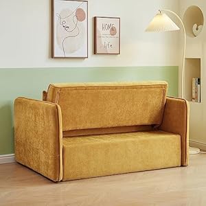 Erye 3 in 1 tufted upholstered futon loveseat convertible sleeper bed wpull out sleep sofabed functional reclining backrest adjustable armrests love seat sofa couch for living room yellow  urban country home decor