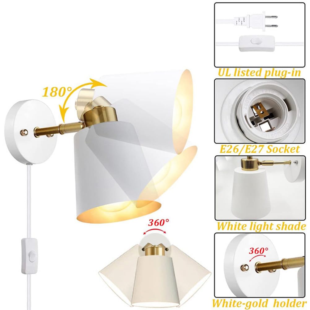AoLa Verstellbar Wandleuchte mit Schalter und Stecker Innen Wandlampe Drehbar 360° mit Kabel Vintage Nachttischlampe aus Metall Lampenschirm E27 Retro Industriell Wand Leselampe, 2 Stücke,Weiß