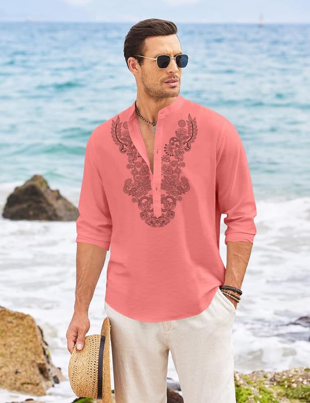 Image of FINIVO FASHION Men's Cotton Blend Short Kurta with Full Sleeves and Ethnic Neck Design | Casual Crinkle Texture Kurta with Mandarin Collar