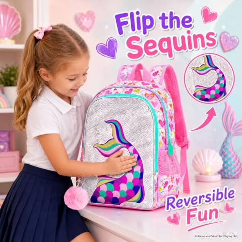 Image of CCJPX 16 inch Mermaid Backpack for Girls, 3Pcs Kids Sequin Bookbag with Lunch Box, Water Resistant Elementary School Bag for Kindergarten Preschool Toddler (Pink)