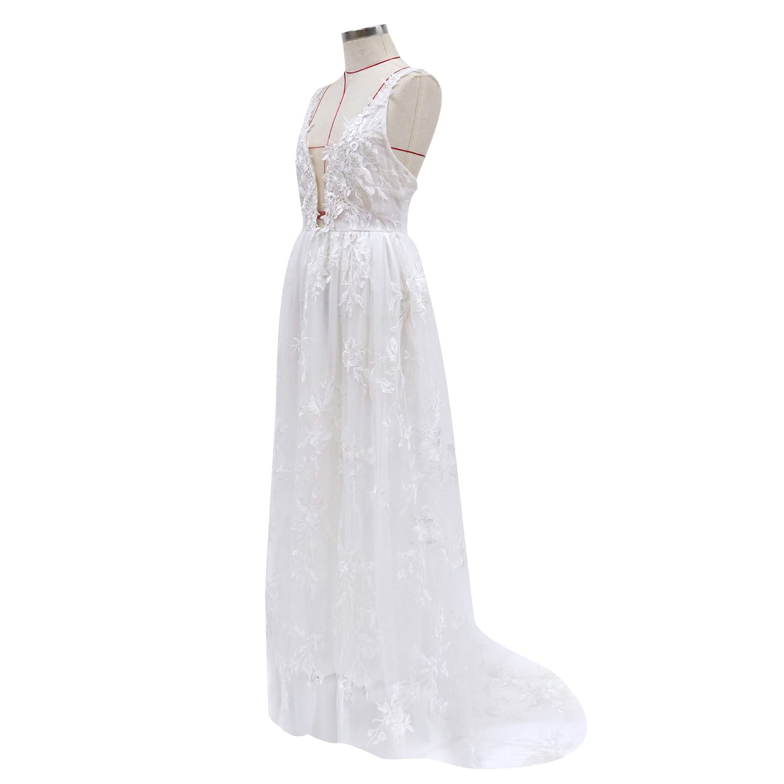 Longue robe blanche élégante, avec forme trapèze, col en V profond, dentelle et dos nu, pour mariage, bal, soirée, cocktail