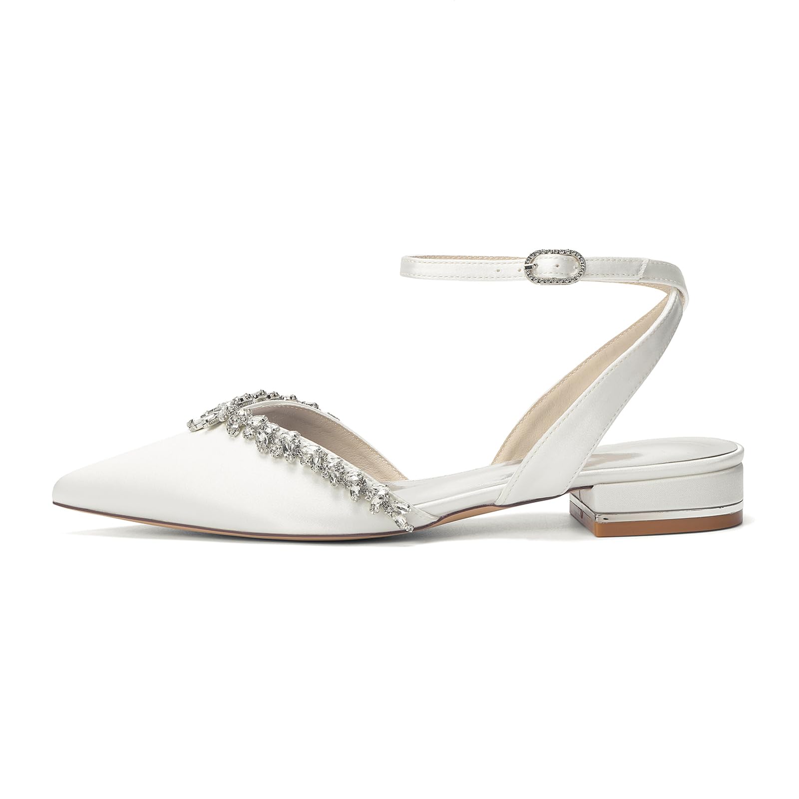 Scarpe da Sposa Basse in Raso Slingback per Donna Avorio, Bianco, Ballerine Eleganti a Punta con Strass e Cinturino alla Caviglia, Scarpe Cerimonia per Matrimonio e Festa