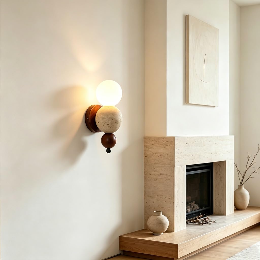 Żółta Kinkiet Trawertynu Kreatywna Lampa Ścienna Stylu Wabi-sabi Gniazdo G9 | Drewno Stylu Vintage, Okrągła Lampa Ścienna Wnętrz Sypialni Salonu Jadalni Przedpokoju Korytarza Dekoracyjna Wnętrz