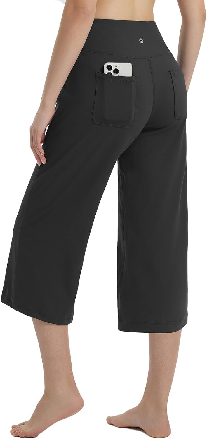 baleaf Women's Capri Pants Wide Leg with 4 Pockets Yoga Dress Capris High Waist Cropped Pants Loose Lounge Travel Summer