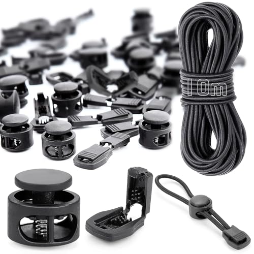 Cordón de goma elástico de 10 m de 3 mm, cuerda de goma redonda con 40 topes de cordón, 20 topes de cordón, 2 agujeros,...