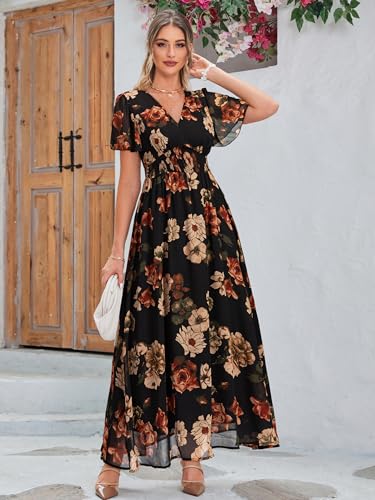 Image of Simplee Women's Boho Floral Maxi Dress Flowy Casual V Neck Short Sleeve Wedding Guest Holiday Beach Long Dress