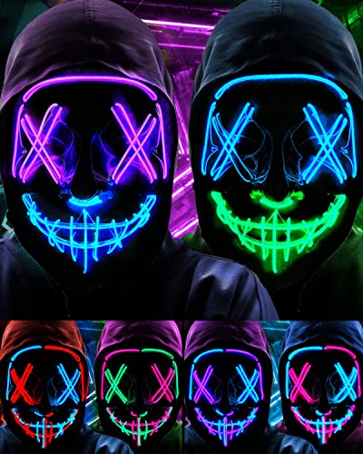 Goyishun 2 Pack Halloween Purge Mask Led Light Up Scary Mask With Random Luminous Wristbands For Adults Costume Festival Party cover