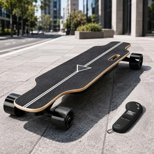 moupeaktain Skateboard Eléctrico Adulto, Longboard Eléctrico 350W con Mando a Distancia, 4 Modos De Velocidad, Autonomía De 15 Km, Subida del 18%, Ruedas De PU, para Asfalto Liso Y Trayectos Cortos