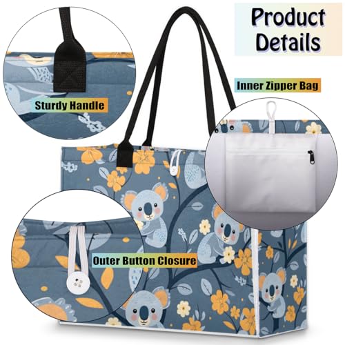 Flowers Cute Koala Tote Bag for Women Large Beach Bag Reusable Tote Bags for Work Travel Beach Shopping4