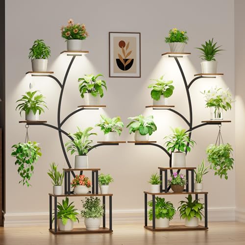 Image of Plant Stand Indoor with Grow Lights - Large Plant Shelf Indoor, 63 inch 8 Tier Tall Plant Stands for Multiple Plants, 2 Pack Lighted Corner Flower Shelf, Tree-Shaped Metal Holder for Living Room, Black