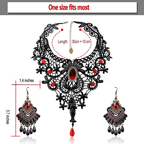 Black Lace Necklace and Earrings Set,BagTu Gothic Lolita Red Pendant Choker for a Halloween Costume and Wedding - Image 5