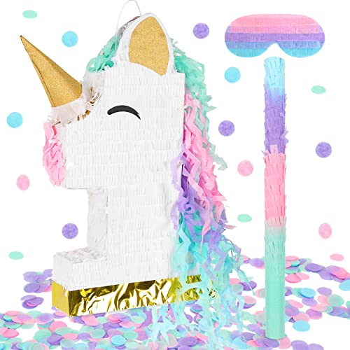 Whaline Unicorn Number 1 Pinata With Blindfold Stick And Confetti Macaron Color Unicorn Pinata Set For Girls Kids Unicorn Theme Birthday Celebration Party Game Favor Supplies, 19.7 X 13.8 Inch #TOP24