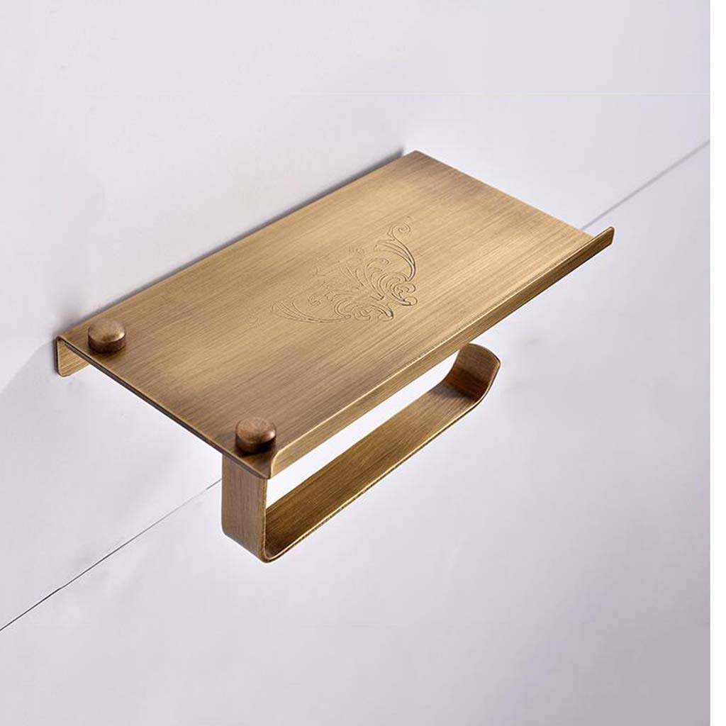 Portarrollos de papel higiénico - Portarrollos de papel higiénico de latón antigo de latón antiguo - Colgador de papel higiénico con estante para guardar el teléfono móvil - Montaje en pared