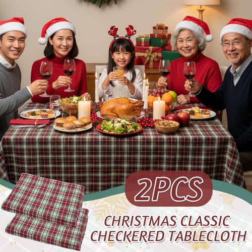 Frienda 2 Pcs Christmas Checkered Tablecloth Red Green Buffalo Plaid Table Cover Polyester Holiday Tablecloth Rectangle Table Cloth for Christmas Dining Kitchen Party Picnic Supplies(60 x 108 Inch) by Frienda - Image 7