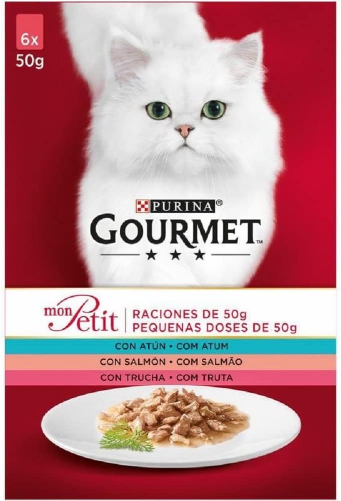 Purina Tidy Cats Gourmet Mon Petit Finos Cortes en Salsa, Wet Cat Food with Tuna, Salmon and Trout, 6 x 50 g sachets