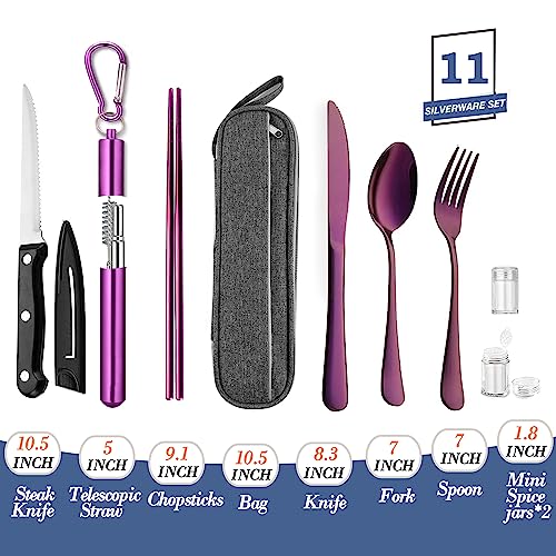 Portable Travel Reusable Utensils Silverware with Case,Travel Camping Cutlery set,Chopsticks and Straw Flatware, Stainless steel Travel Utensil set UP(Purple) - Image 3