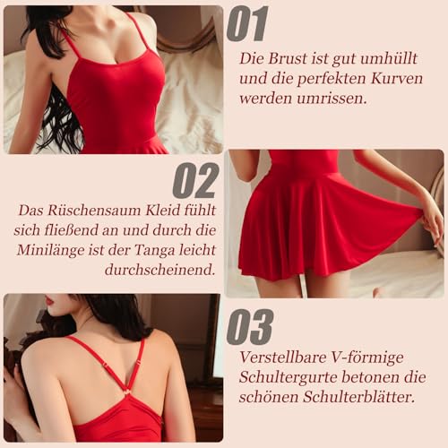 Damen Sexy Kleider Strapse Kleid Transparent Tüll Sommerkleid Rückenfrei Babydoll Dessous + Tanga Bodycon Elastische Minikleid mit Rüschen Klassisch Nachthemd Partykleid Abendkleid Cocktail – Bild 4