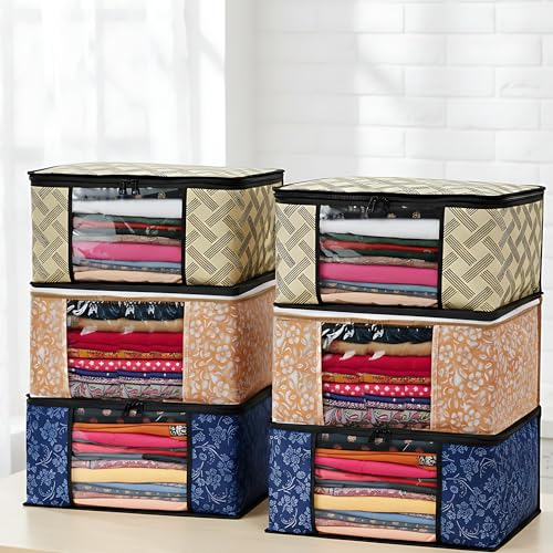 Image of Non-Woven Wardrobe Organizer Bags (Set of 6, Multicolour) | Heavy-Duty Strong Zipper Clothes Storage Covers | Foldable Dust-Proof Closet & Bedroom Organizer for Sarees, Blankets & Seasonal Garments