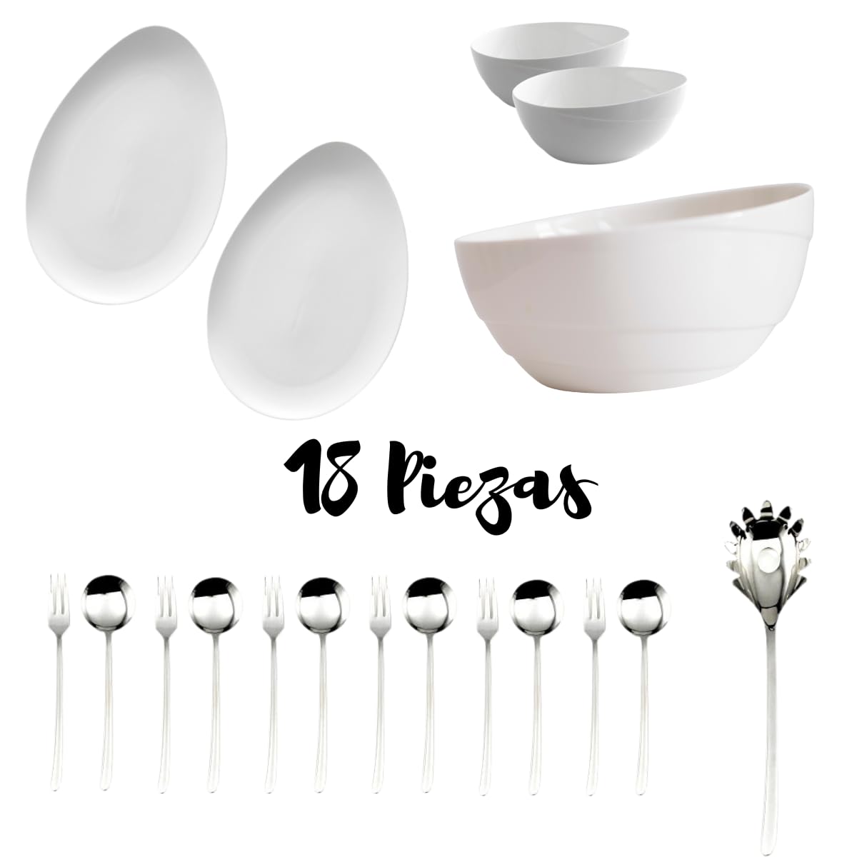Lot de 13 couverts (6 cuillères, 6 fourchettes, serveur à pâtes), 2 assiettes, 1 saladier et 2 bols - Ovum & Trento
