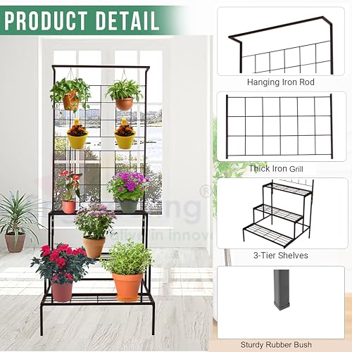 Image of D&V Engineering 3-Tier Metal Hanging Plant Stand, Heavy Duty Plant Shelf for Indoor /Outdoor, Flower Pot Organizer Rack, Perfect for Patio, Garden, Balcony, Living Room, Multiple Plants Storage