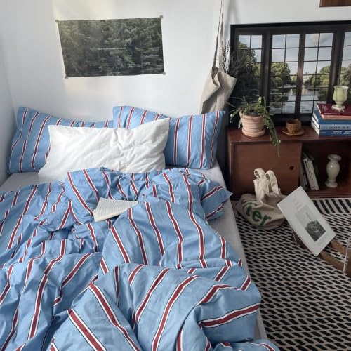Image of Nayoroom Striped Duvet Cover Queen Coastal Blue Red Stripe Bedding Set
