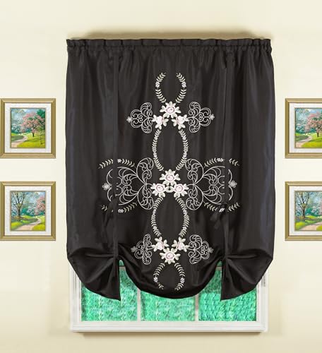 Today's Curtain Verona Reverse Embroidery Tie-Up Shade, 63", Black/Rose, 50" W X 63" L