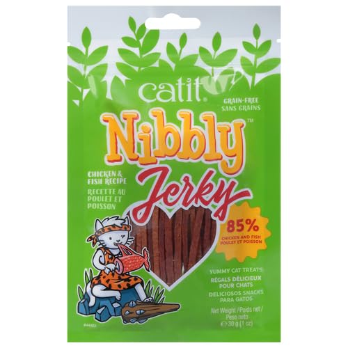 Catit Nibbly Jerky Snack seco saludable para gatos, tiras de pollo masticables, Pollo y Pescado, 30 g
