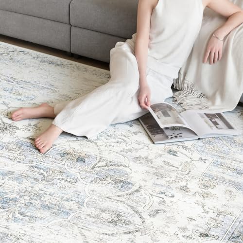 Image of 2'x3' Rugs for Living Room Bedroom, Washable Area Rugs, Pet & Kid Friendly Low Pile Carpet, Non-Shedding Non-Slip TPE Backing, Vintage Distressed Print Floor Mat for Bedroom Dining Room, Blue