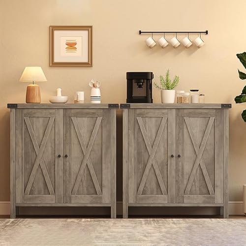 GarveeHome Small Storage Cabinet, Farmhouse Sideboard Buffet Cabinet with 2 Doors and Adjustable Shelves, Accent Entryway Console Cabinets for Living Room, Dining Room (Rustic Gray, 2 Pieces)