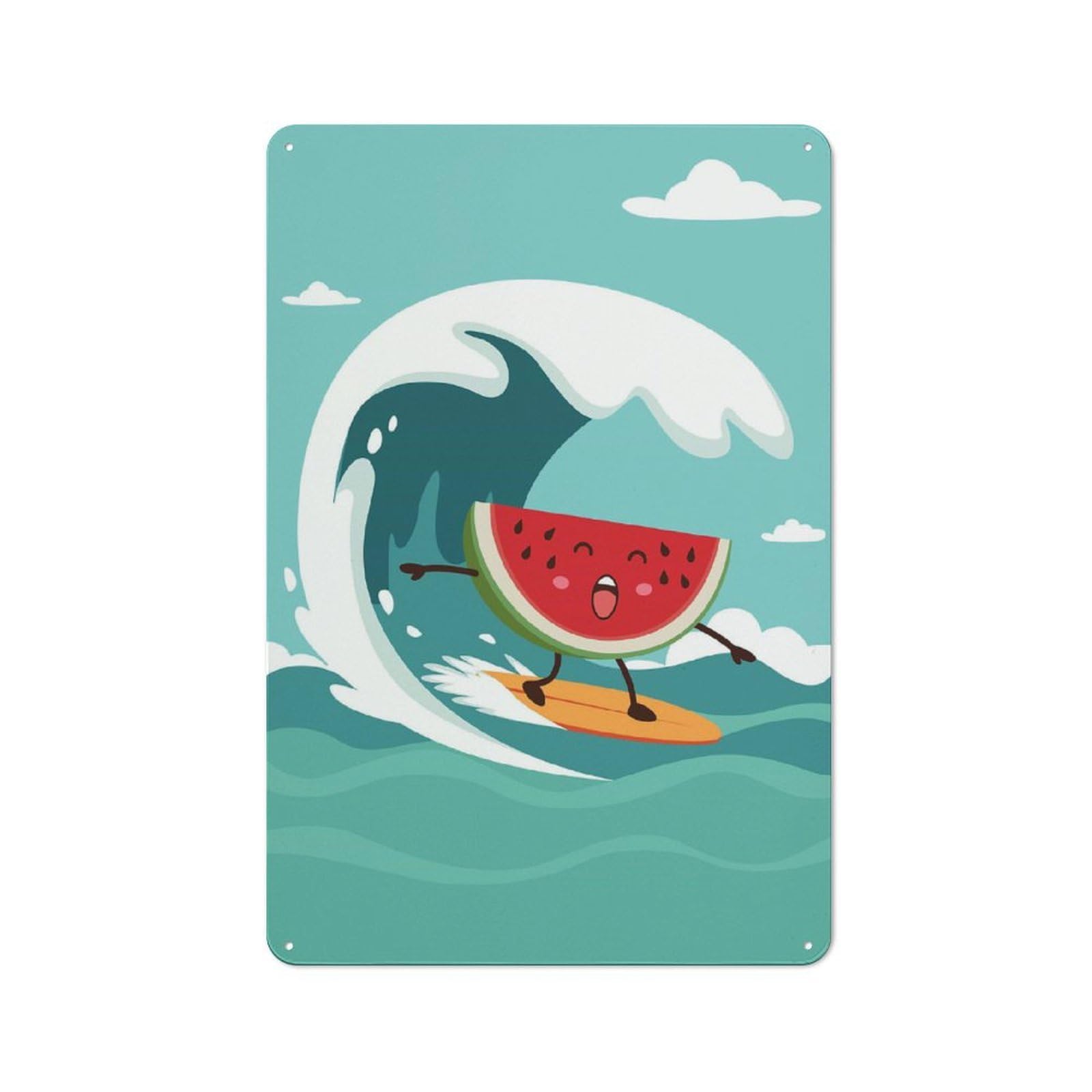 Junmoney Watermelon Surfing Kitchen Metal Sign With Design 30X20cm, Cosy Kitchen Wall Decor For Coffee Bar, Kitchen, Bistro Or Tea Corner