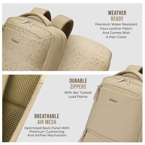 Image of Gear Armour 19 inch /28L Large Faux Leather Anti Theft Water Resistant Laptop Backpack with Raincover | Travel Backpack | Casual Backpack for men /women (Beige)
