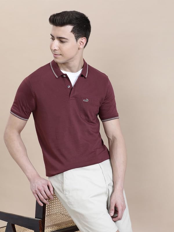 Image of CROCODILE Men Solid Slim Fit Polo T-Shirt | Regular Length | Short Sleeve | Button Placket | Casual Knitted Topwear