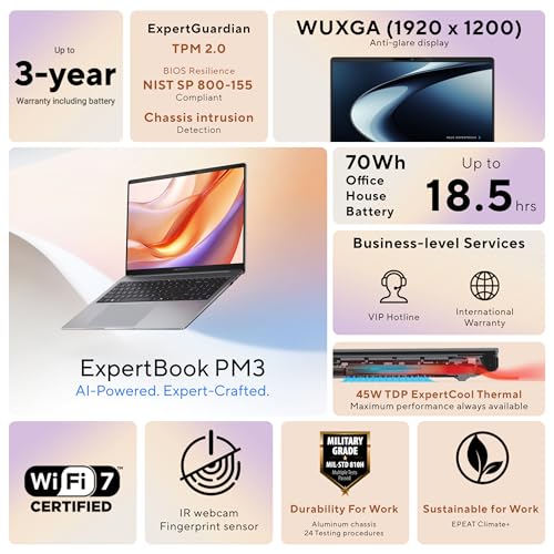 ASUS ExpertBook PM3 - 16-inch Laptop, AMD Ryzen AI 7 350 Processor, 32GB RAM, 1TB SSD, WiFi 7, Windows 11 Pro, Misty Gray - Image 2