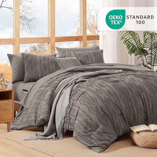 Image of King Size Comforter Set- 7 Pieces Tufted Bed in a Bag King Bedding Sets | All Season Shabby Chic Boho Bedding with Comforter, Sheets, Pillowcases & Shams, Grey