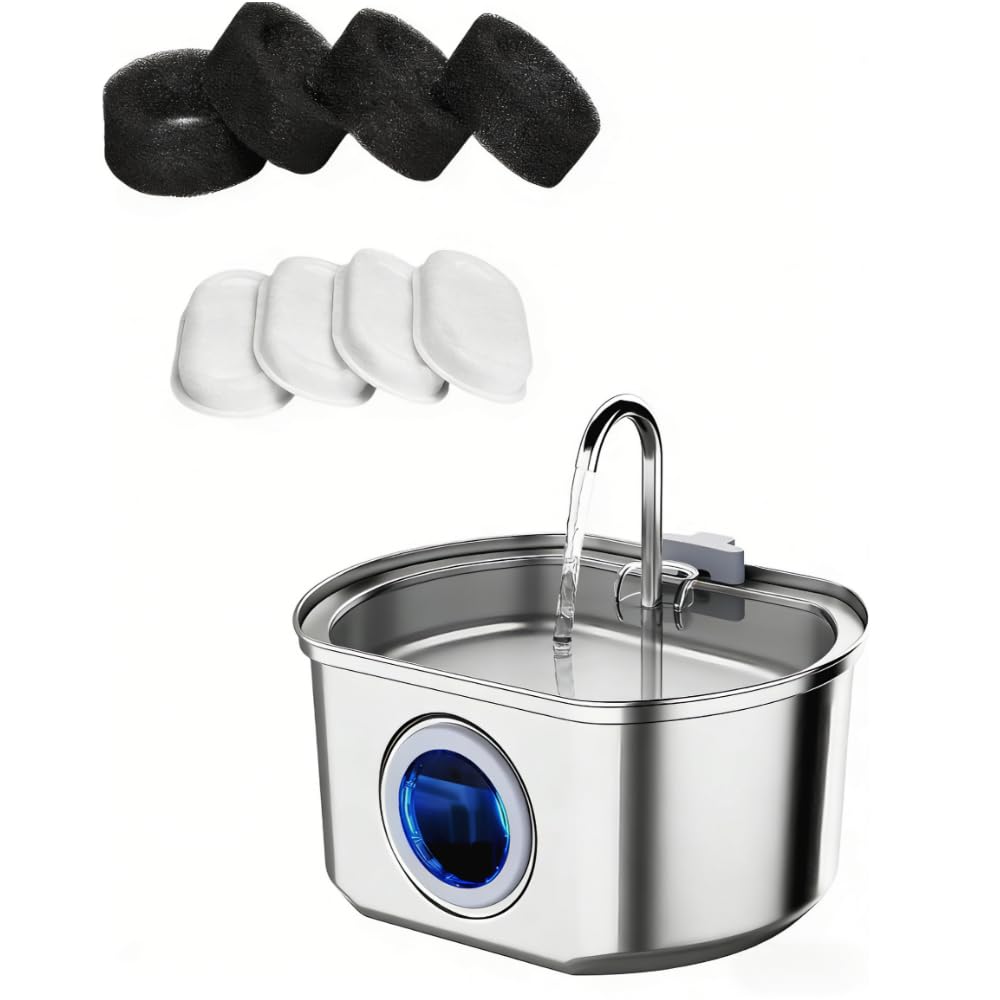 Stainless Steel Cat Water Fountain, 108oz/3.2L Automatic Pet Water Dispenser with Water Level Window, Quiet Pump, Multi-Stage Filtration for Cats and Dogs