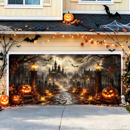 Image of Halloween Garage Door Decorations 6 x 13 ft, Haunted Manor Cover