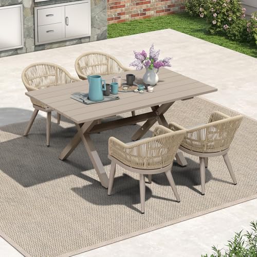 Image of PURPLE LEAF 5 Pieces Patio Dining Set with Outdoor Aluminium Dining Table and Woven Chairs Modern Metal Furniture Cushions Sets for Garden Yard Indoor Decor Kitchen Champagne