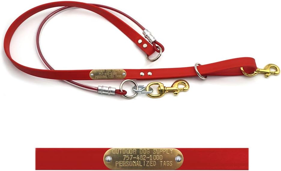 Heavy Duty Personalized Dog Leash Tree Lead – 5 ft Beta & Cable with Custom 3/4" Brass Nameplate by Outdoor Dog Supply (Red)