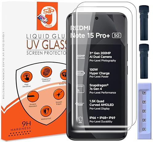 Image of STP FEEL Advanced UV Tempered Glass Screen Protector Guard Compatible For Redmi Note 15 Pro Plus 5G (6.83 Inch, Pack of 2) Full Adhesive UV Curved Case Friendly HD Clarity with easy installation kit