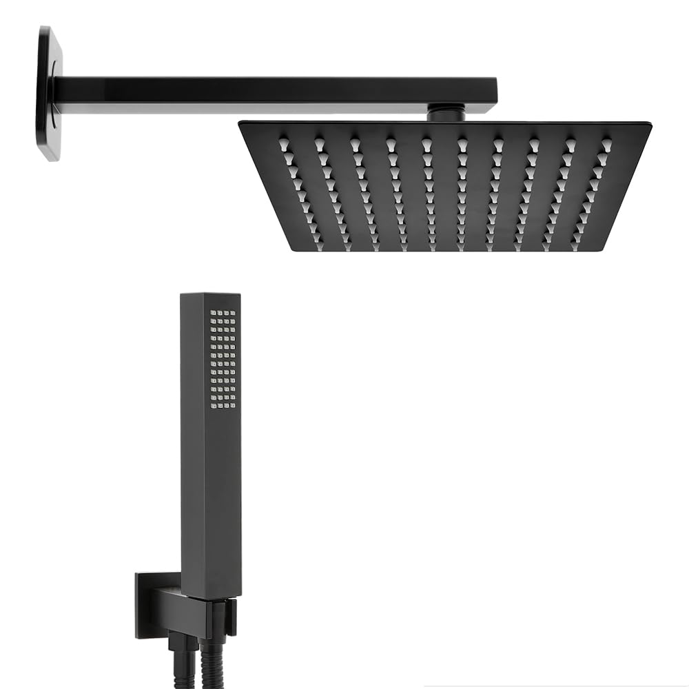 Set doccia con soffione e doccetta nero opaco, acciaio INOX e abs, anticalcare (20x20 cm, Quadrato)