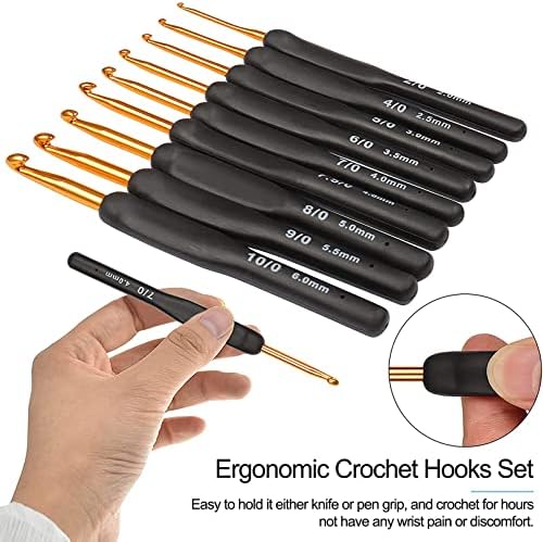 Aeelike Crochet Hooks Sets for Beginners, Ergonomic Crochet Hooks Set for Arthritic Hands, Metal Crochet Needles Easy Grip Soft Rubber Handle 9 Pack UK Size, Travel Crochet Hook Set with Case