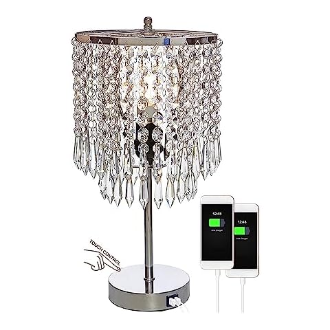Popity home Crystal Table Lamp with Touch Control,Silver Lamp with Dual USB Charging Ports, 3 Way Dimmable Small Glam Lamp for Girls Bedroom, Living Room… Cover