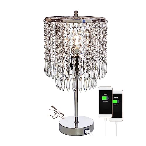 Popity home Crystal Table Lamp with Touch Control,Silver Lamp with Dual USB Charging Ports, 3 Way Dimmable Small Glam Desk Light for Girls Bedroom, Living Room