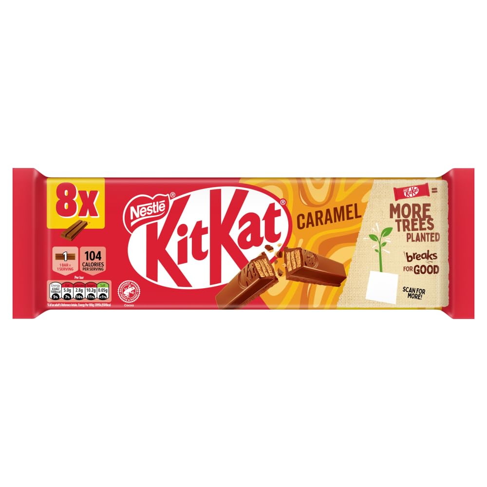 KitKat 2 Finger Caramel Chocolate Biscuit Bars – 8 Pack (8 x 20.7 g) | Wafer Fingers with Caramel & Milk Chocolate | Perfect for Coffee Breaks or Afternoon Pick-Me-Ups